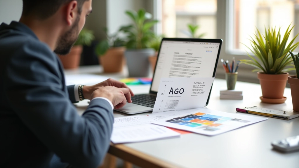 Écran de designer travaillant sur une hiérarchie typographique belge avec diacritiques français, entouré de notes et d'échantillons