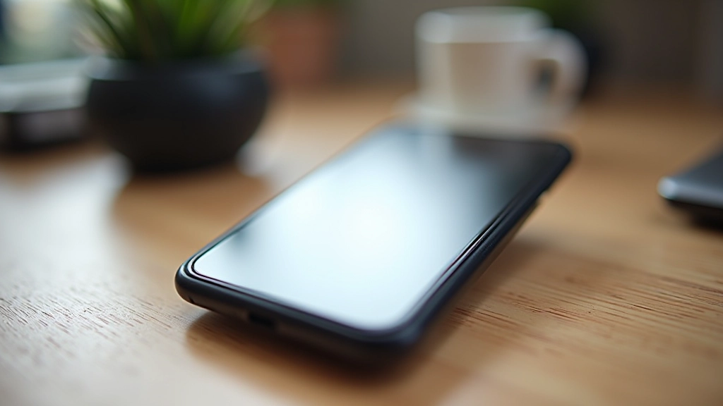 Smartphone sur table en bois affichant un site web avec typographie responsive bien adaptée à l'écran haute densité